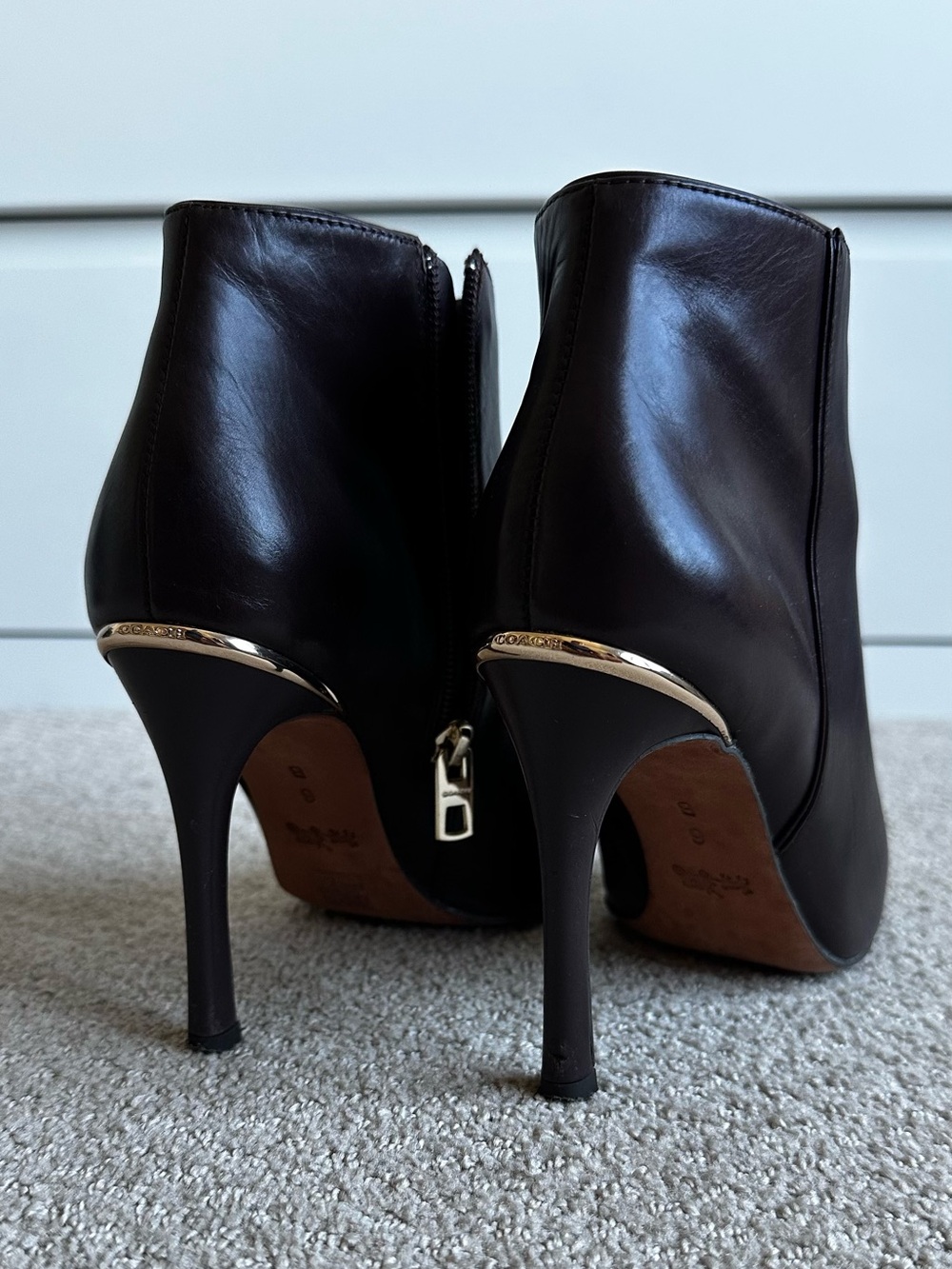 COACH Women's DARK CHOCOLATE Leather Stiletto Ankle Boots with Gold Trim